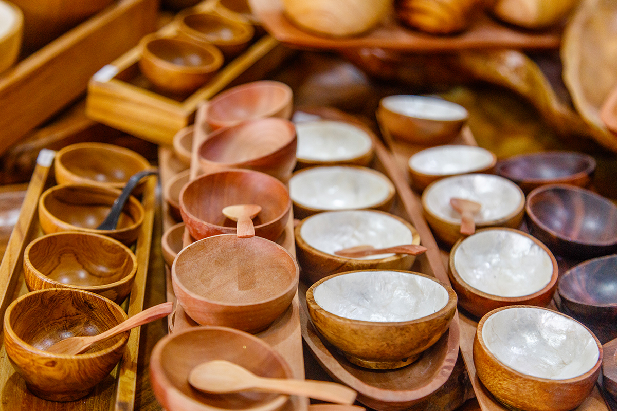 rows of traditional wooden bowls