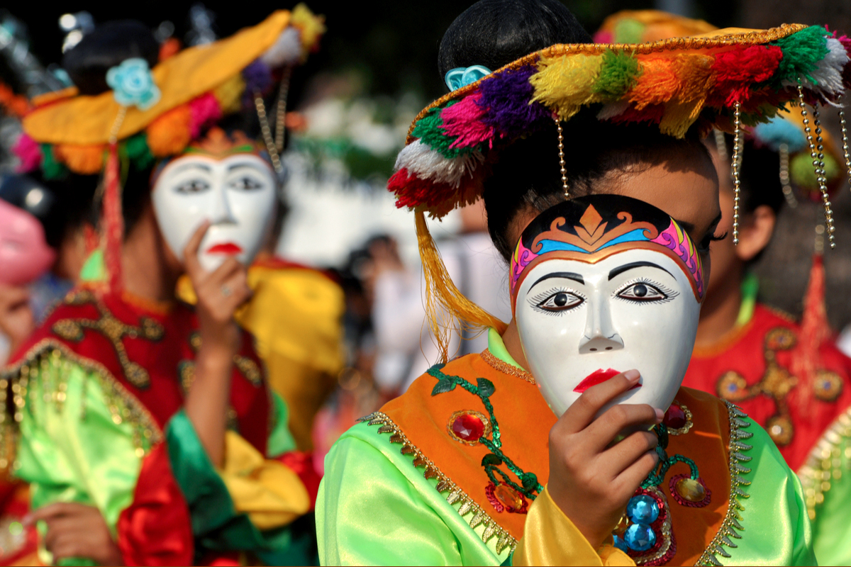 female dancers in Betawi Cultural Village, ready to perform Topeng Dance