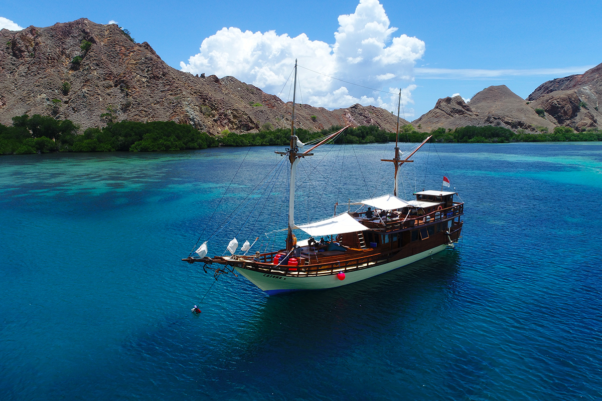 a ship sailing in the waters of Labuan Bajo