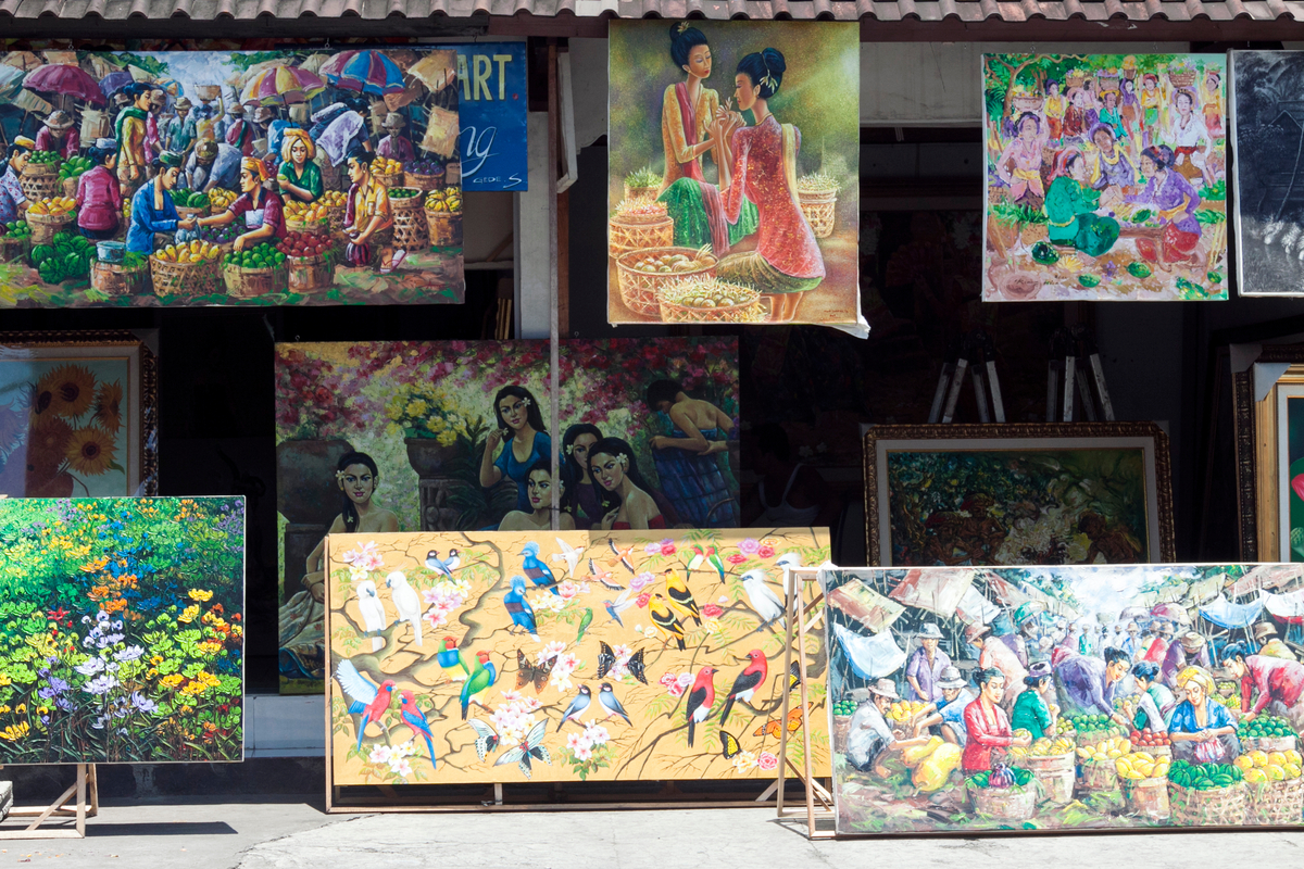 many colorful paintings are showcased at Sukawati Art Market