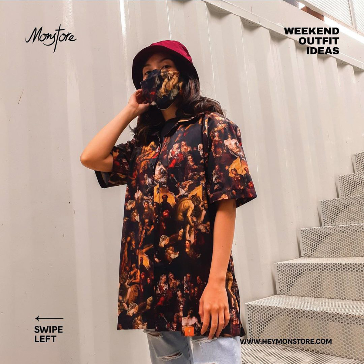 kemeja wanita dan masker bermotif senada dari Monstore