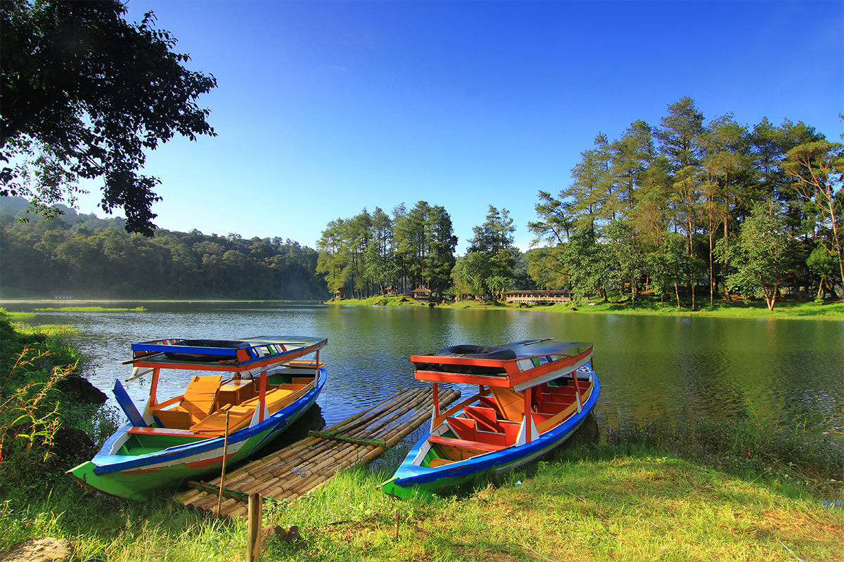 two canoes harbored near a lake